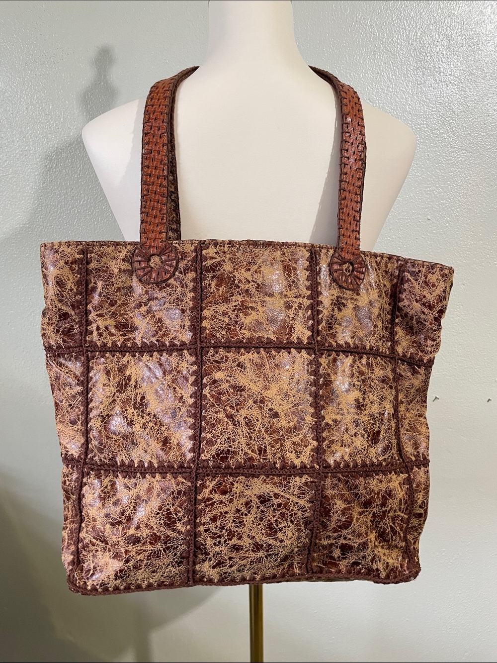 Isabel Bird Distressed Leather Crochet Patchwork Tote Bag Brown Hobo Festival